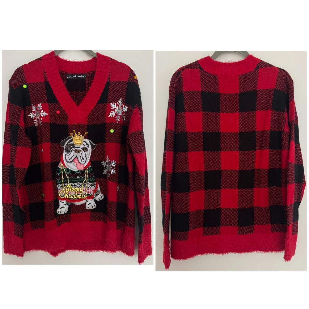 United States Sweaters Plaid Christmas Holiday Plaid Bulldog Bling Sweater